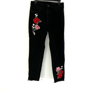 H&M Women's Jeans Sz 12 Black Skinny Raw Hem Embroidered Roses High Rise